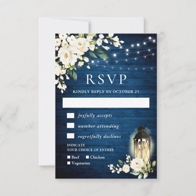 Blue Wood White Roses Rustic Light RSVP Card (Front)