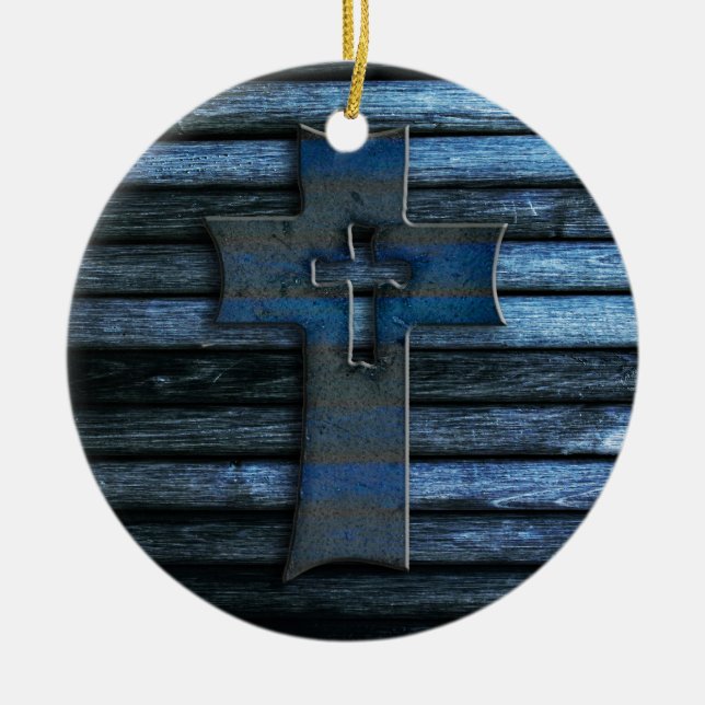 Blue Wooden Cross Ceramic Tree Decoration (Front)