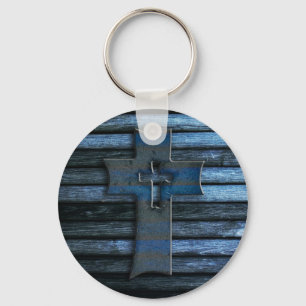 Blue Wooden Cross Key Ring