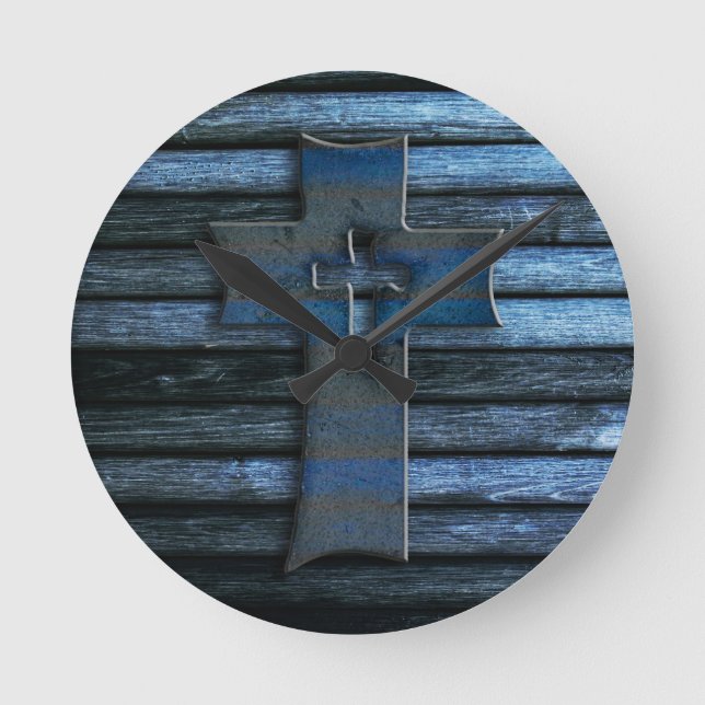 Blue Wooden Cross Round Clock (Front)
