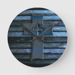 Blue Wooden Cross Round Clock