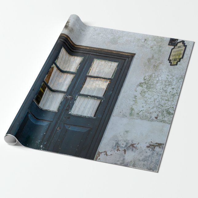 BLUE WOODEN DOOR PANEL IN WHITE BUILDING WRAPPING PAPER (Unrolled)