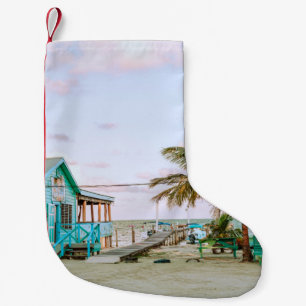 BLUE WOODEN HOUSE NEAR BODY OF WATER SMALL CHRISTMAS STOCKING