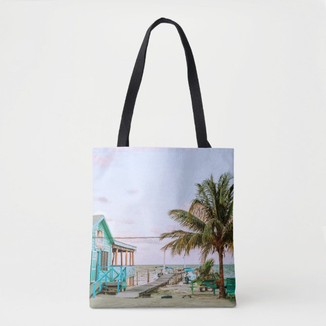 BLUE WOODEN HOUSE NEAR BODY OF WATER TOTE BAG (Front)