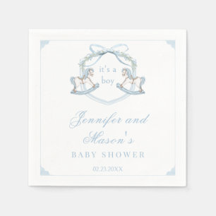 Blue wooden rocking horse crest baby boy shower napkin