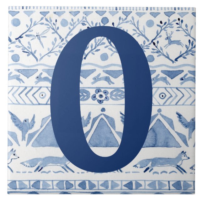 Blue Woodland Animal Ikat House Address Number 0 Tile (Front)