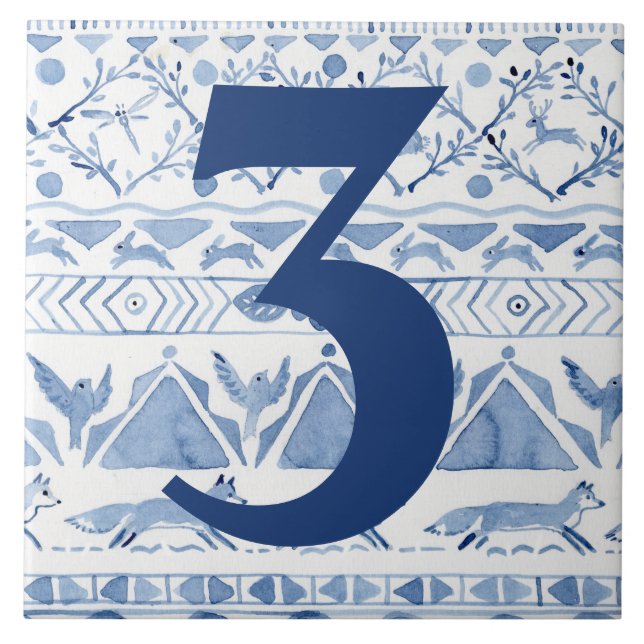 Blue Woodland Animal Ikat House Address Number 3 Tile (Front)