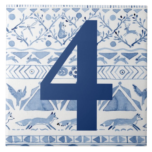 Blue Woodland Animal Ikat House Address Number 4 Tile (Front)