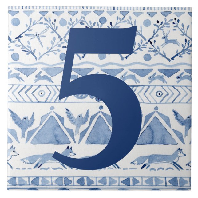 Blue Woodland Animal Ikat House Address Number 5 Tile (Front)