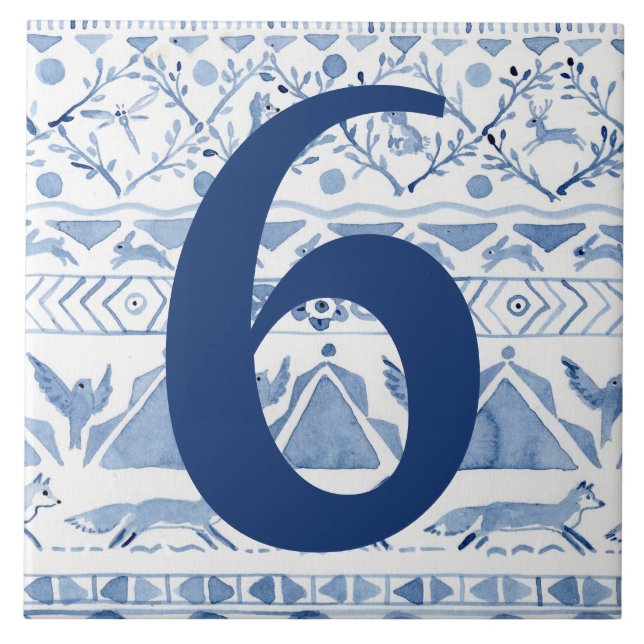 Blue Woodland Animal Ikat House Address Number 6 Tile (Front)