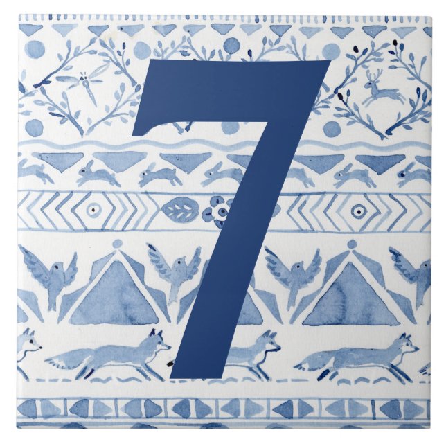 Blue Woodland Animal Ikat House Address Number 7 Tile (Front)