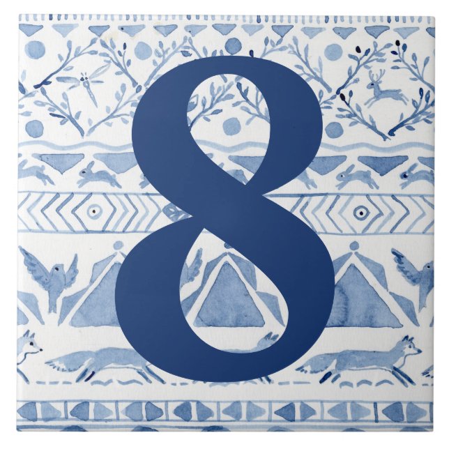 Blue Woodland Animal Ikat House Address Number 8 Tile (Front)