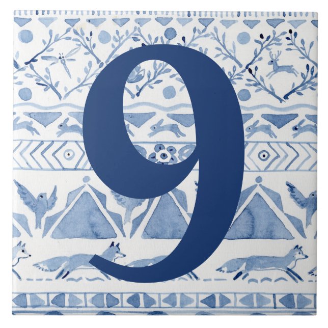Blue Woodland Animal Ikat House Address Number 9 Tile (Front)