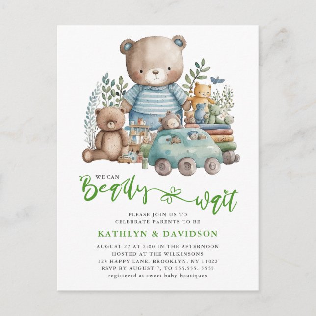 Blue Woodland Animal Toys Cute Script Baby Shower Invitation Postcard (Front)