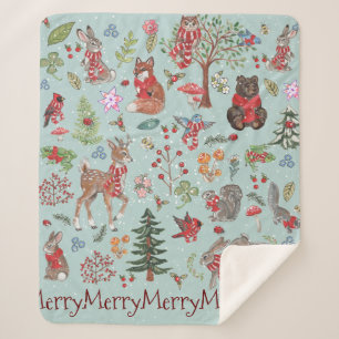 Blue Woodland Animal Winter Snow Christmas Child's Sherpa Blanket