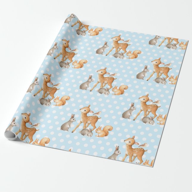 Blue Woodland Animals Baby Shower 1st Birthday Wrapping Paper (Unrolled)