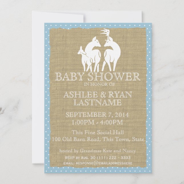 Blue Woodland Baby Shower Deer and Burlap Invitation (Front)