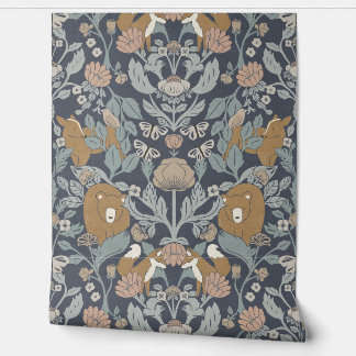 Blue Woodland Block Print Damask Wallpaper