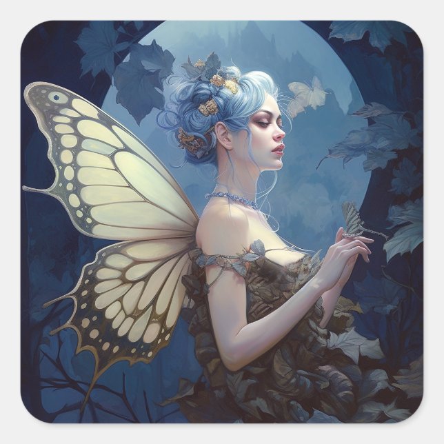Blue Woodland Fairy Fantasy Art Square Sticker (Front)