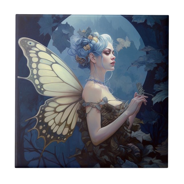 Blue Woodland Fairy Fantasy Art Tile (Front)