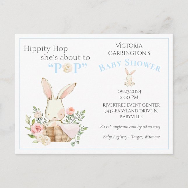 Blue Woodland Forest Bunny Floral Baby Invitation Postcard (Front)