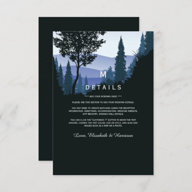 Blue Woodland Forest, Rustic Wedding Detail Enclosure Card (Front/Back)