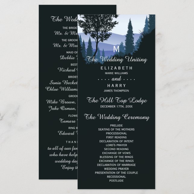 Blue Woodland Forest, Rustic Wedding Programme (Front/Back)