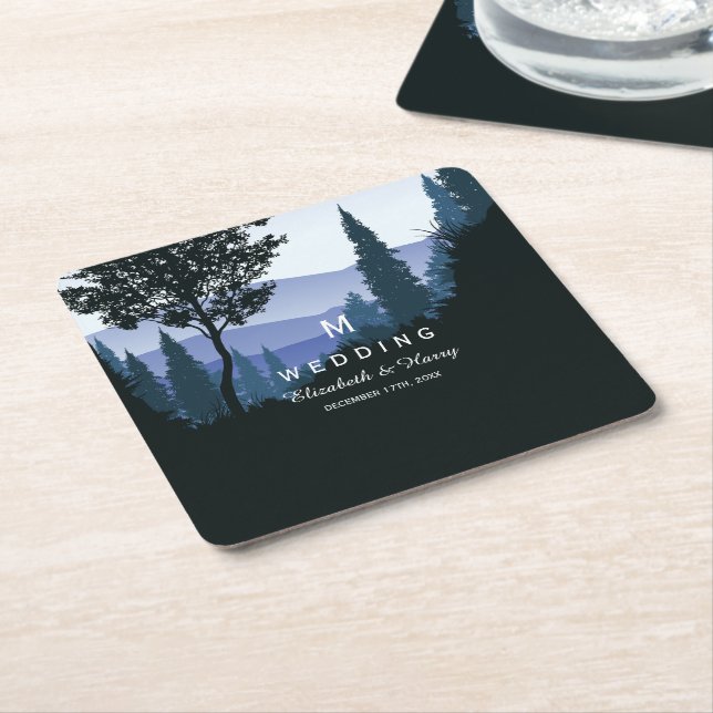 Blue Woodland Forest, Rustic Wedding Square Paper Coaster (Angled)