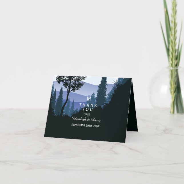 Blue Woodland Forest, Rustic Wedding Thank You Card (Front)