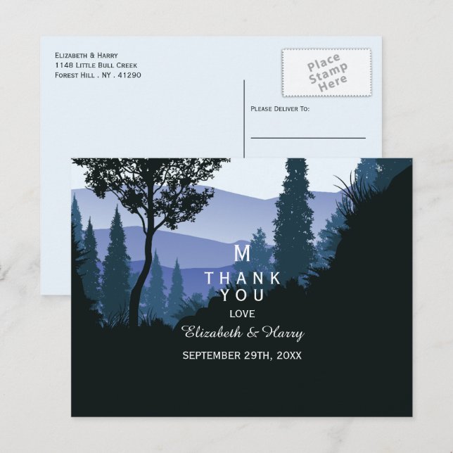 Blue Woodland Forest, Rustic Wedding Thank You Postcard (Front/Back)
