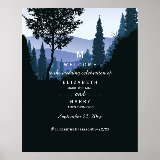 Blue Woodland Forest, Rustic Wedding Welcome Poster (Front)