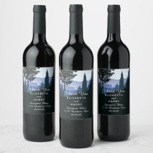 Blue Woodland Forest, Rustic Wedding Wine Label