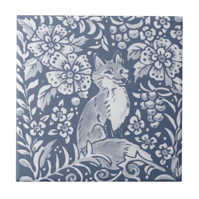 Blue Woodland Fox Forest Animal Faces R Tile (Front)