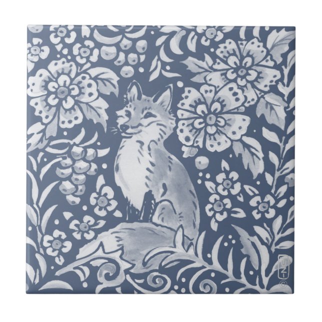 Blue Woodland Fox Forest Animal Floral Tile (Front)