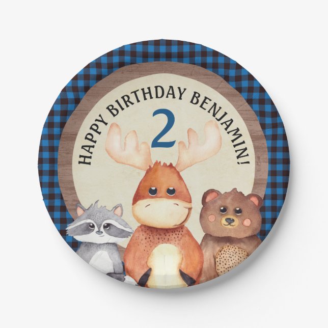 Blue Woodland Lumberjack Birthday Plates (Front)