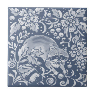 Blue Woodland Racoon Forest Animal Floral Tile