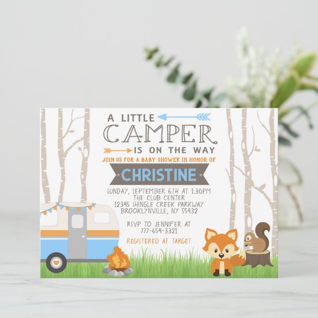 Blue Woodland RV Camper Forest Animals Baby Shower Invitation (Standing Front)