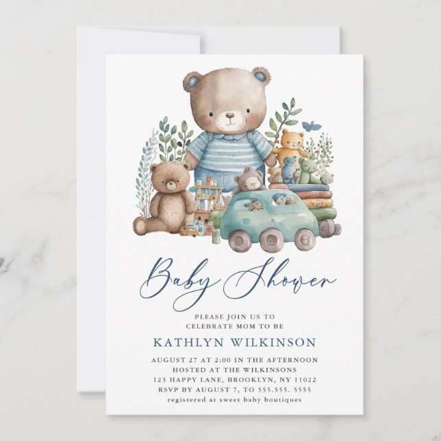 Blue Woodland We Can Barely Wait Boy Baby Shower Invitation (Front)