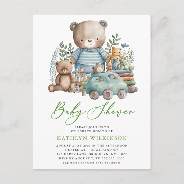 Blue Woodland We Can Barely Wait Boy Baby Shower Invitation Postcard (Front)