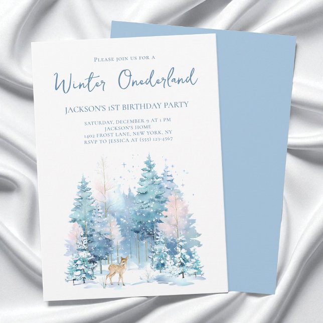 Blue Woodland Winter Wonderland 1st Birthday Party Invitation (Blue Woodland Winter Wonderland 1st Birthday Party Invitation)