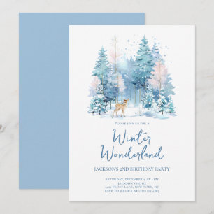 Blue Woodland Winter Wonderland 2nd Birthday Party Invitation