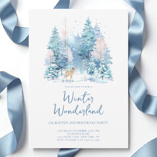 Blue Woodland Winter Wonderland 2nd Birthday Party Invitation