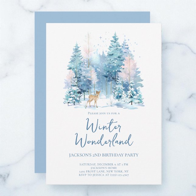 Blue Woodland Winter Wonderland 2nd Birthday Party Invitation (Blue Woodland Winter Wonderland 2nd Birthday Party Invitation)