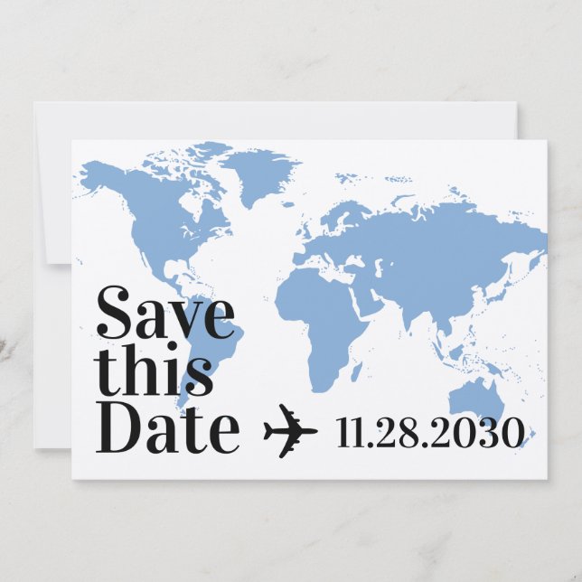 Blue World Map and Aeroplane Heart Bold Destinatio Save The Date (Front)