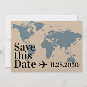 Blue World Map and Aeroplane Heart Bold Destinatio Save The Date