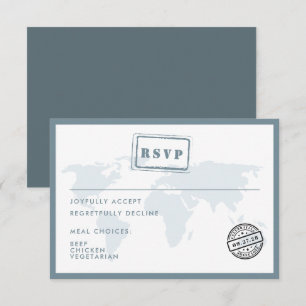 Blue World Map Destination Wedding Date Stamp RSVP Card
