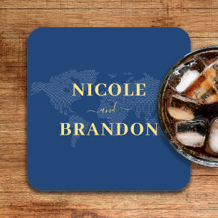 Blue World Map Destination Wedding Square Paper Coaster