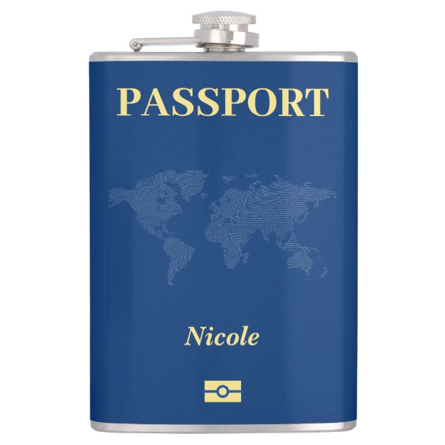 Blue World Map Passport Hip Flask (Front)