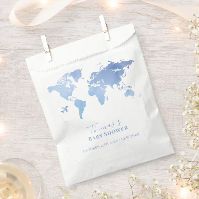 Blue World Map Travel Adventure Baby Shower  Favour Bags (Clipped)