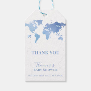 Blue World Map Travel Adventure Baby Shower  Gift Tags